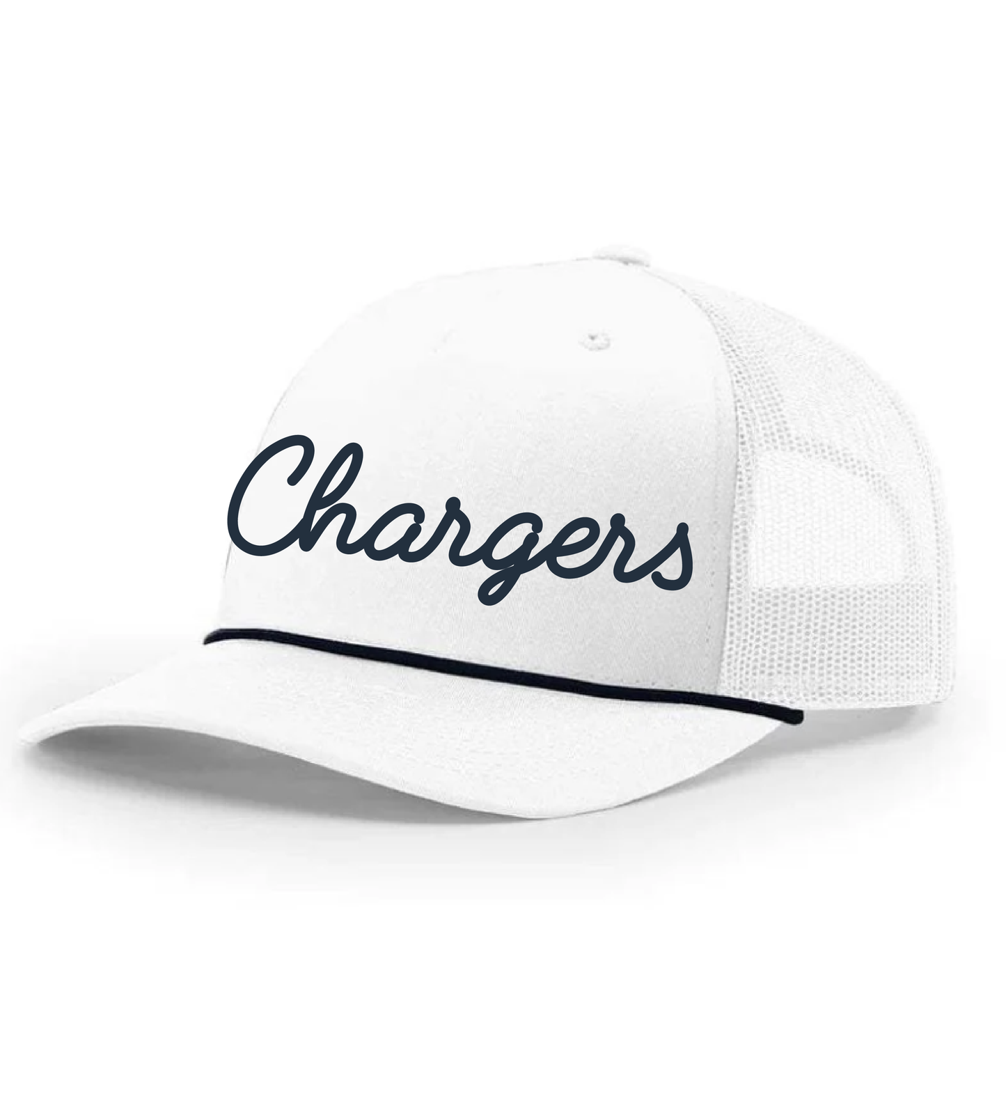White Mesh Hat With Navy Rope And Embroidered Chargers