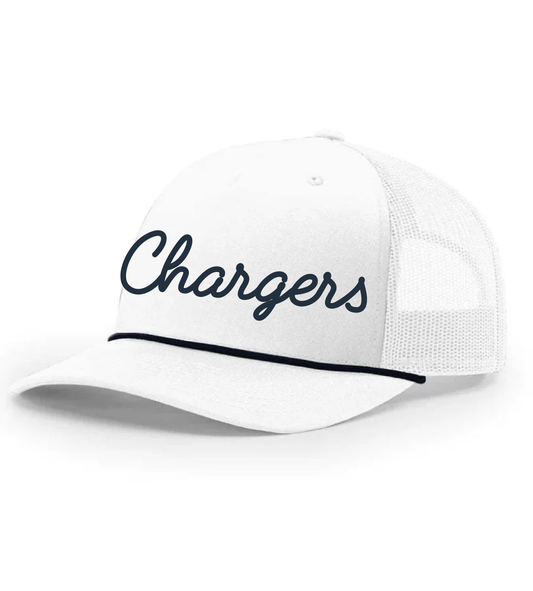 White Mesh Hat With Navy Rope And Embroidered Chargers